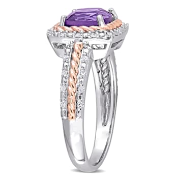 1 2/5 CT TGW Amethyst and 1/6 CT TDW Diamond Halo Ring in White and Rose
Plated Sterling Silver