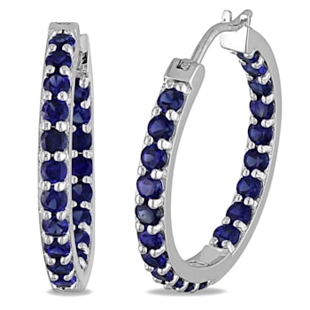Created Blue Sapphire Inside Outside Hoop Earrings in Sterling Silver