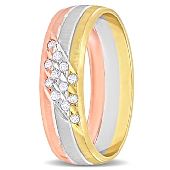 Men's 6mm Cubic Zirconia Matte Three Row Wedding Band in 14K 3-Tone Gold