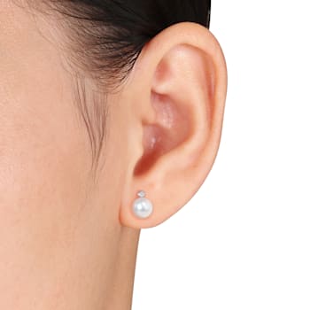 8-8.5MM White Cultured Freshwater Pearl and Diamond Stud Earrings in
Sterling Silver