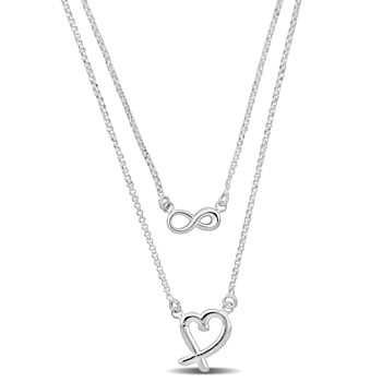 Infinity and Heart Charm Double Strand Necklace in Sterling Silver