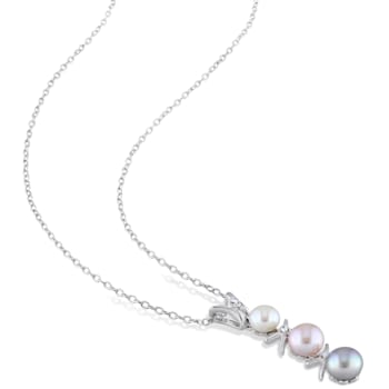 4.5-6MM Multicolor Pearl and Diamond Drop Pendant with Chain in Sterling Silver
