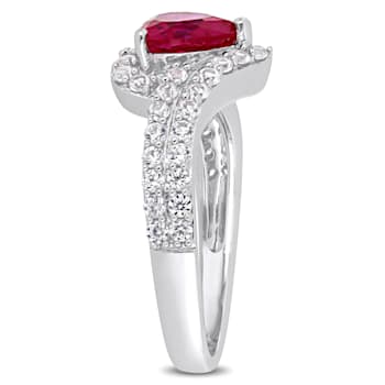 2 1/2 CT TGW Created Ruby and Created white Sapphire Halo Engagement
Ring in Sterling Silver