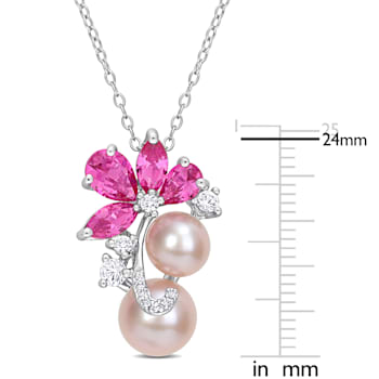 7-9MM Pink Freshwater Cultured Pearl and 3 1/8 CT TGW Created Sapphire
Pendant in Sterling Silver