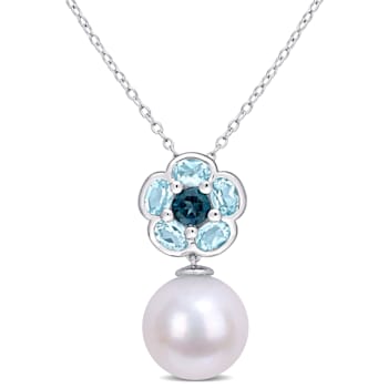 11-12MM Freshwater Cultured Pearl and 1 3/5 CT TGW Blue Topaz Pendant in
Sterling Silver