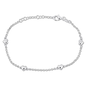 Heart Charm Station Bracelet in Sterling Silver