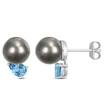 8-9MM Black Tahitian Cultured Pearl and 1 CT TGW Swiss Blue Topaz Stud
Earrings in Sterling Silver
