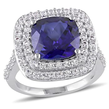 7 1/10 CT TGW Created Blue and White Sapphire Double Halo Ring in
Sterling Silver