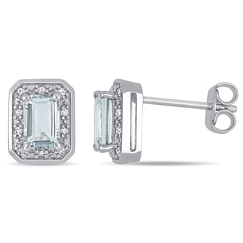 1-1/10ctw Aquamarine and 1/10 CT TW Diamond Halo Stud Earrings in
Sterling Silver