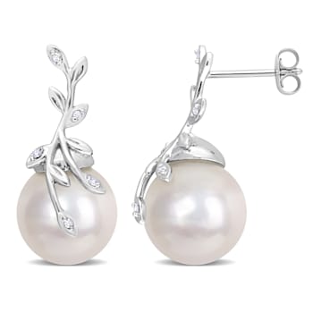 11-12MM Freshwater Cultured Pearl and Diamond Accent Leaf Earrings in
14K White Gold