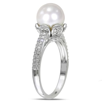 8-8.5MM Freshwater Cultured Pearl Ring with Diamonds in Sterling Silver