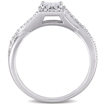 1/4 CT TW Princess Cut and Round Diamond Halo Crisscross Engagement Ring
in Sterling Silver