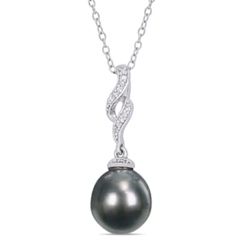 9.5-10MM Black Tahitian Cultured Pearl and Diamond Twist Pendant with
Chain in Sterling Silver