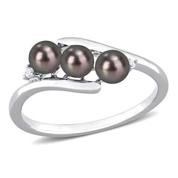 3.5-4MM Black Freshwater Cultured Pearl and Diamond Accent Pearl Bypass
Ring in Sterling Silver