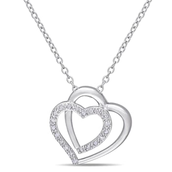 1/10 CT TW Diamond Double Heart Pendant with Chain in Sterling Silver