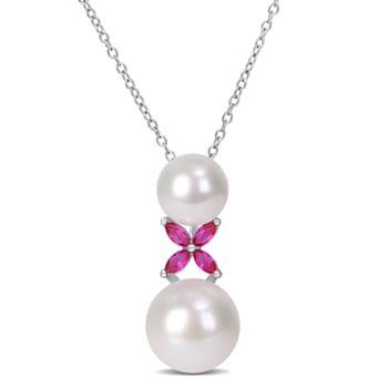 8.5-12MM Freshwater Cultured Pearl and 1/2 CT TGW Created Ruby Pendant
with Chain in Sterling Silver