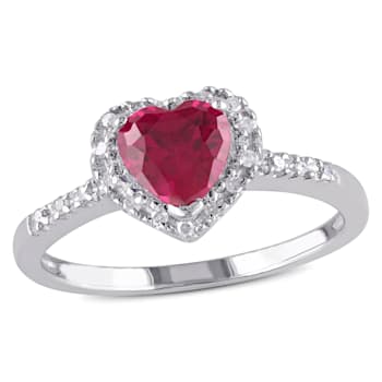 1 CT TGW Created Ruby and 1/10 CT TW Diamond Heart Halo Ring in Sterling Silver