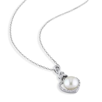 8-8.5MM Freshwater Cultured Pearl and Diamond Heart Pendant with Chain
in Sterling Silver