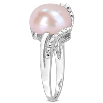 12-12.5MM Pink Freshwater Cultured Pearl and Diamond Flower Split-Shank
Ring in Sterling Silver