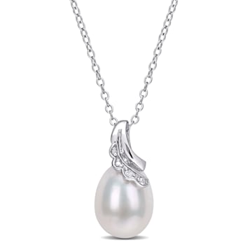 8.5-9MM Freshwater Cultured Pearl and Diamond Accent Drop Pendant with
Chain in Sterling Silver