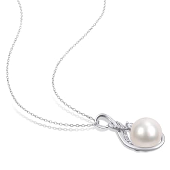 11-12MM Freshwater Cultured Pearl & 1/6 CT TGW Created Sapphire
& Diamond Pendant in Sterling Silver