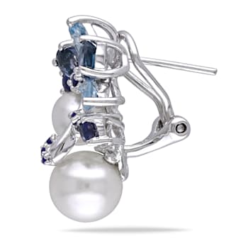 6-8.5MM Freshwater Cultured Pearl and 3 CT TGW Topaz and Sapphire
Earrings in Sterling Silver