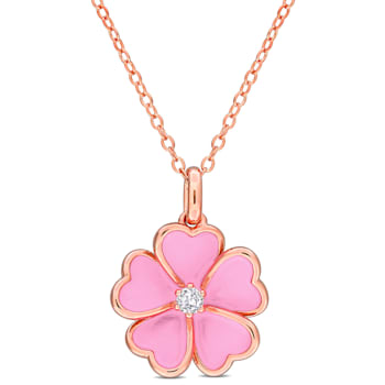 1/10 CT TGW White Topaz with Pink Enamel Flower Pendant with Chain in
Rose Plated Sterling Silver