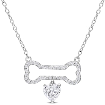 3/4 CT DEW Created Moissanite Dog Bone with Hanging Heart Necklace in
Sterling Silver