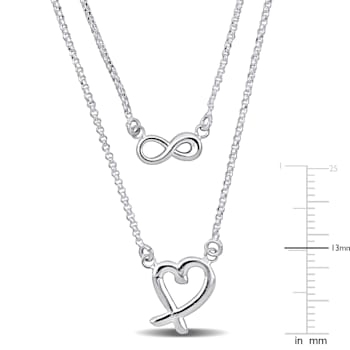 Infinity and Heart Charm Double Strand Necklace in Sterling Silver