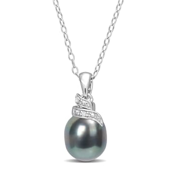 8-9MM Black Tahitian Cultured Pearl and Diamond Accent Pendant with
Chain in Sterling Silver