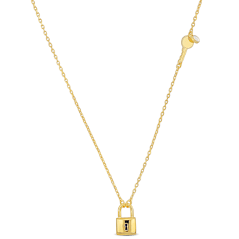 Lock and Key Charm Necklace w/ White Enamel in 14K Yellow Gold Over
Sterling Silver