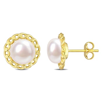8-8.5 MM Cultured Freshwater Pearl Halo Link Stud Earrings in Yellow
Plated Sterling Silver