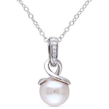 8-8.5MM Freshwater Cultured Pearl and Diamond Pendant with Chain in
Sterling Silver