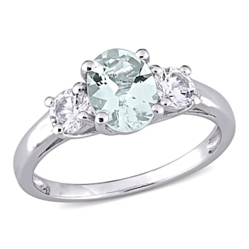 1 5/8 CTW Aquamarine and Created White Sapphire 3-Stone Ring in Sterling Silver