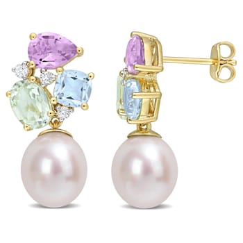 9-9.5MM Cultured Pearl and 4 3/4 ctw Multi-Gemstone Earrings in 14K
Yellow Gold Over Sterling Silver