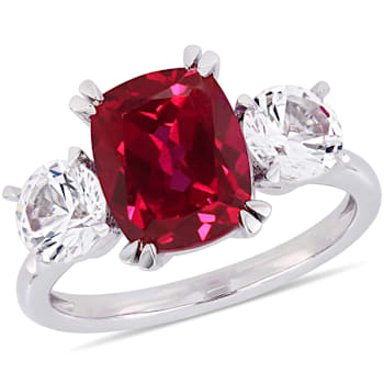 6 1/10 CT TGW Created Ruby and Created White Sapphire Three Stone Ring
in 10K White Gold