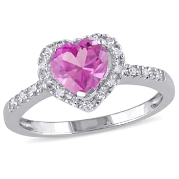 1 CT TGW Created Pink Sapphire and 1/10 CT TW Diamond Heart Halo Ring in
Sterling Silver