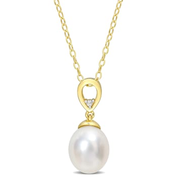 8-9MM South Sea Cultured Pearl and White Topaz Pendant with Chain in
Yellow Plated Sterling Silver