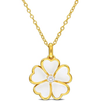 1/10 CT TGW White Topaz with White Enamel Flower Pendant with Chain in
Yellow Plated Sterling Silver