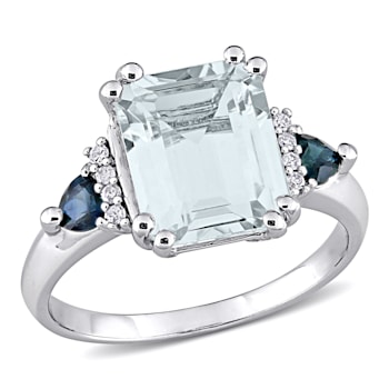 3 1/3 CT TGW Ice Aquamarine, Blue Sapphire and Diamond-Accent Cocktail
Ring in Sterling Silver