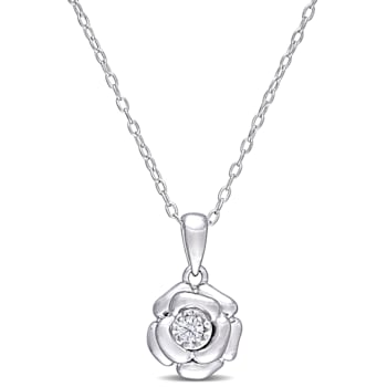 Diamond Flower Pendant with Chain in Sterling Silver