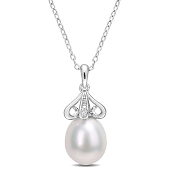 8.5-9MM Freshwater Cultured Pearl and Diamond Accent Drop Pendant with
Chain in Sterling Silver