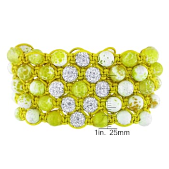 Shambhala Cuff Bracelet on Yellow Cotton Cord with Yellow Agate and
White Cubic Zirconia Beads