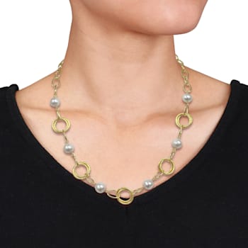 9-10 MM Freshwater Cultured Pearl Link Chain Necklace in 18K Yellow Gold
Over Sterling Silver