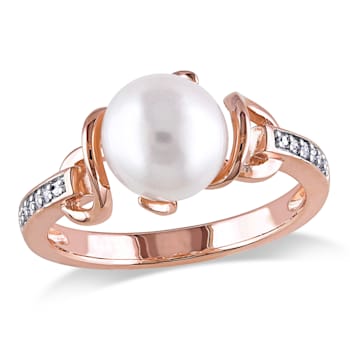 8-8.5MM Freshwater Cultured Pearl and Diamond Solitaire Twist Ring in
Rose Plated Sterling Silver