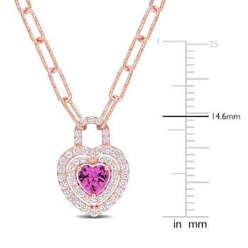1 3/4 CT TGW Created Pink and White Sapphire Double Halo Necklace in
Rose Plated Sterling Silver