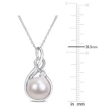 11-12MM Freshwater Cultured Pearl & 1/6 CT TGW Created Sapphire
& Diamond Pendant in Sterling Silver