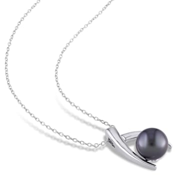9.5-10MM Black Tahitian Cultured Pearl Crisscross Pendant with Chain in
Sterling Silver