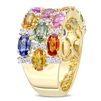 4 1/3 CT TGW Multi-Color Sapphire Triple Row Ring in 14K Yellow Gold