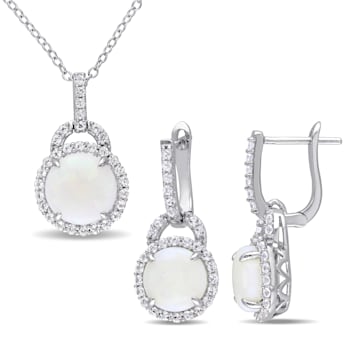 2-Pcs Set of 5 1/4 CT TGW Opal and Topaz Halo Charm Earrings and Pendant
in Sterling Silver